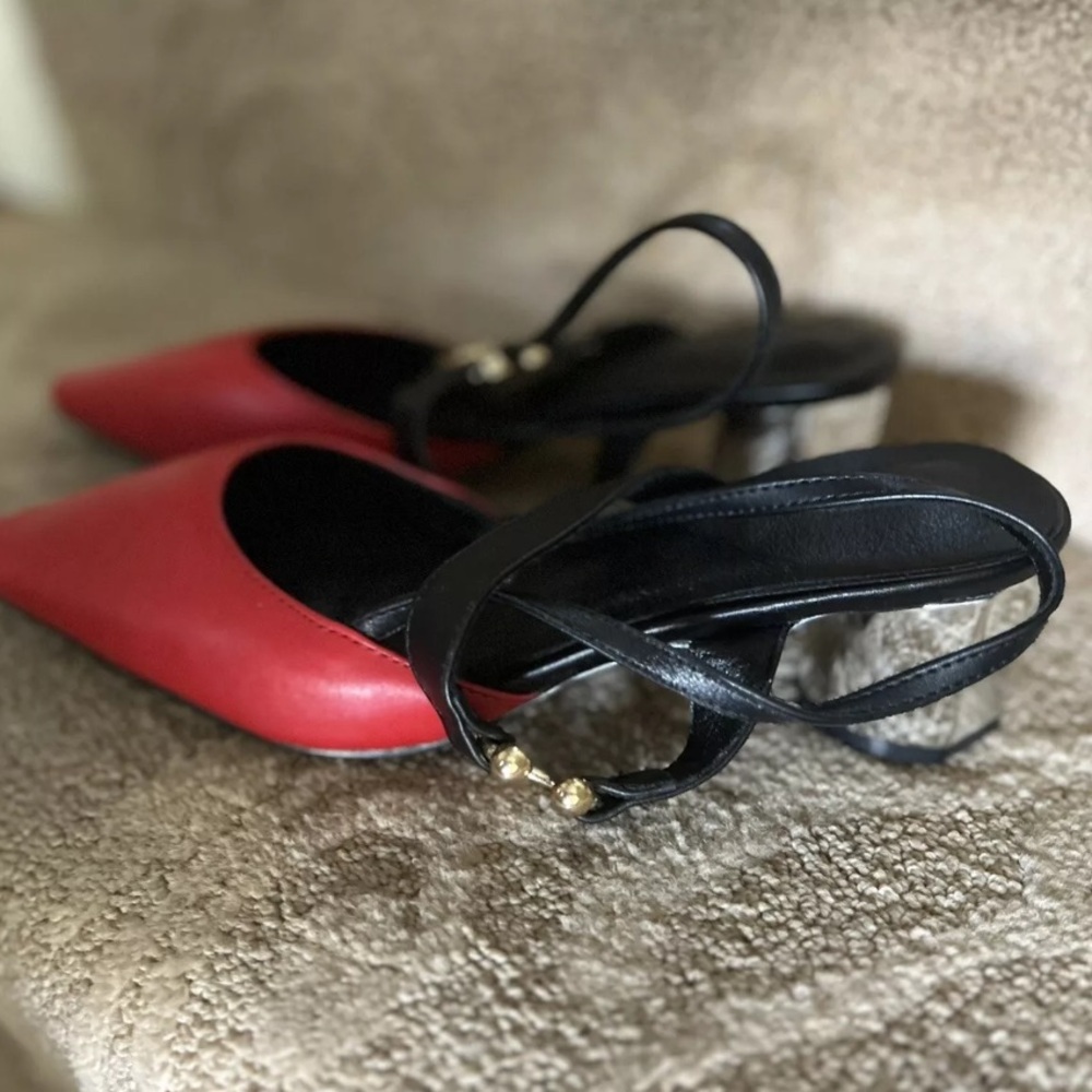 Pointed Red, Black, Silver Sling Mules Size 8